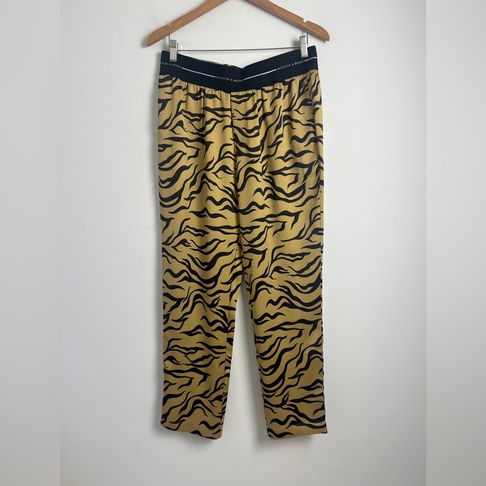 Scotch & Soda Women's Large Amsterdam‎ Black Tan Tiger Print Satin Pull On Pants
